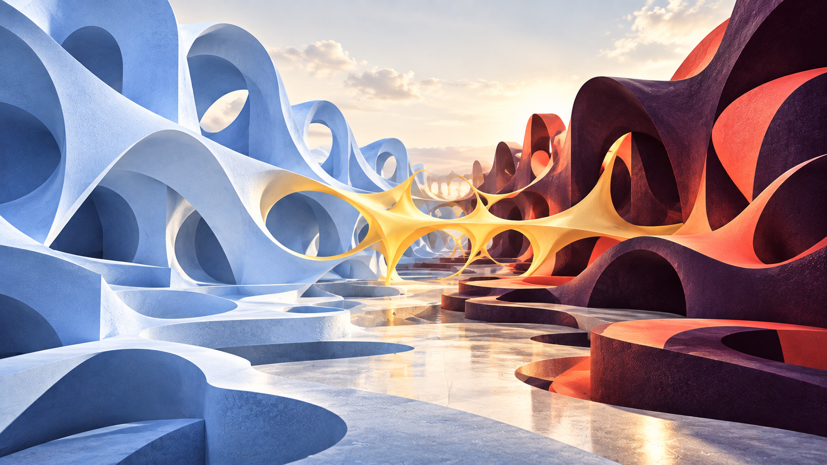 A sculptural landscape: powder-blue forms on the left and aubergine and coral forms on the right, joined by a butter-yellow structure.